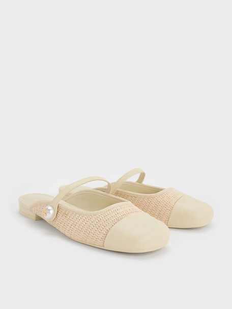 Aeryn Raffia Pearl-Embellished Slip-On Mary Janes, Cream, hi-res