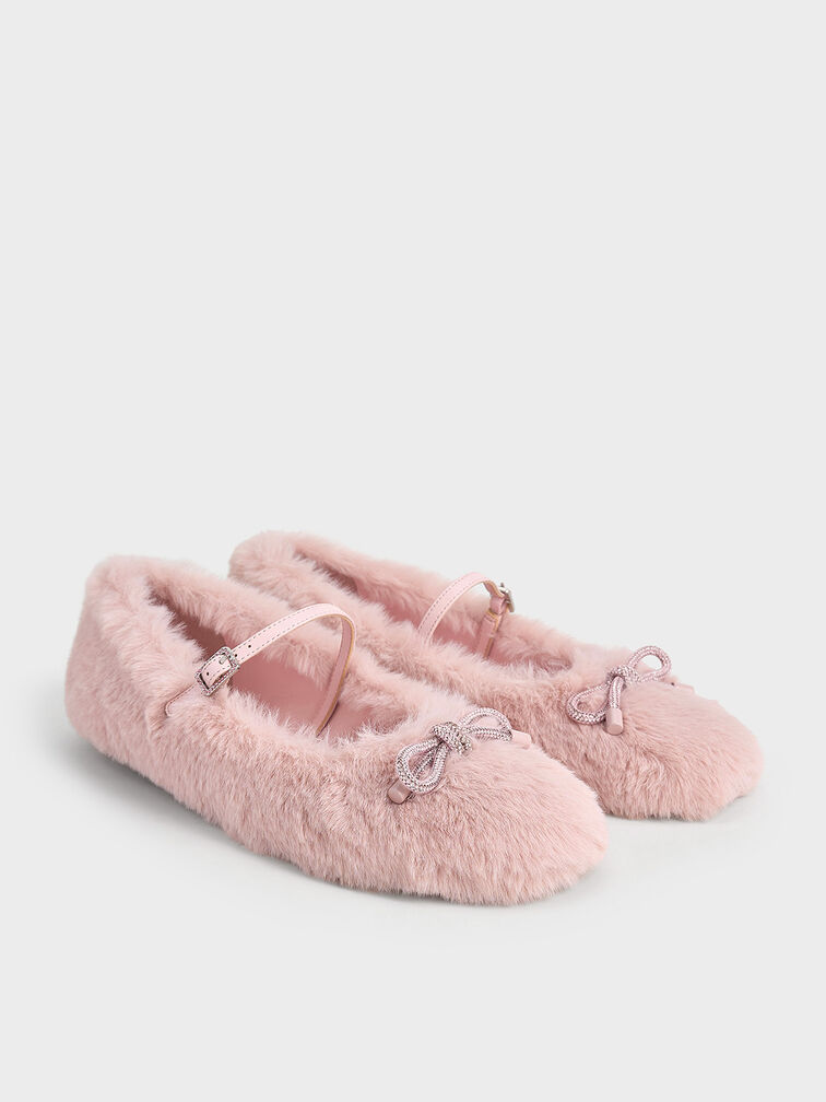 Bow Crystal-Embellished Furry Mary Janes, Pink, hi-res