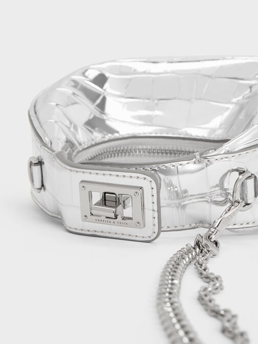 Mini Croc-Effect Metallic Moon Bag, Silver, hi-res