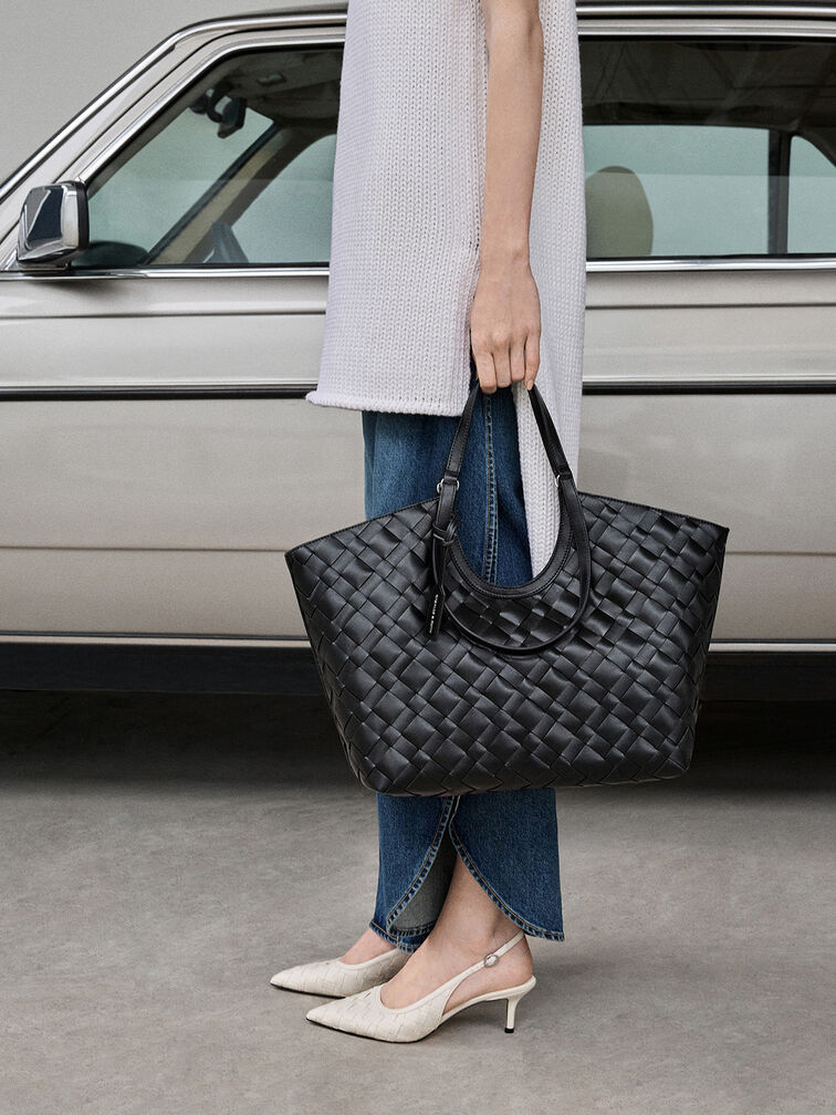 Woven Pointed-Toe Slingback Pumps, Chalk, hi-res