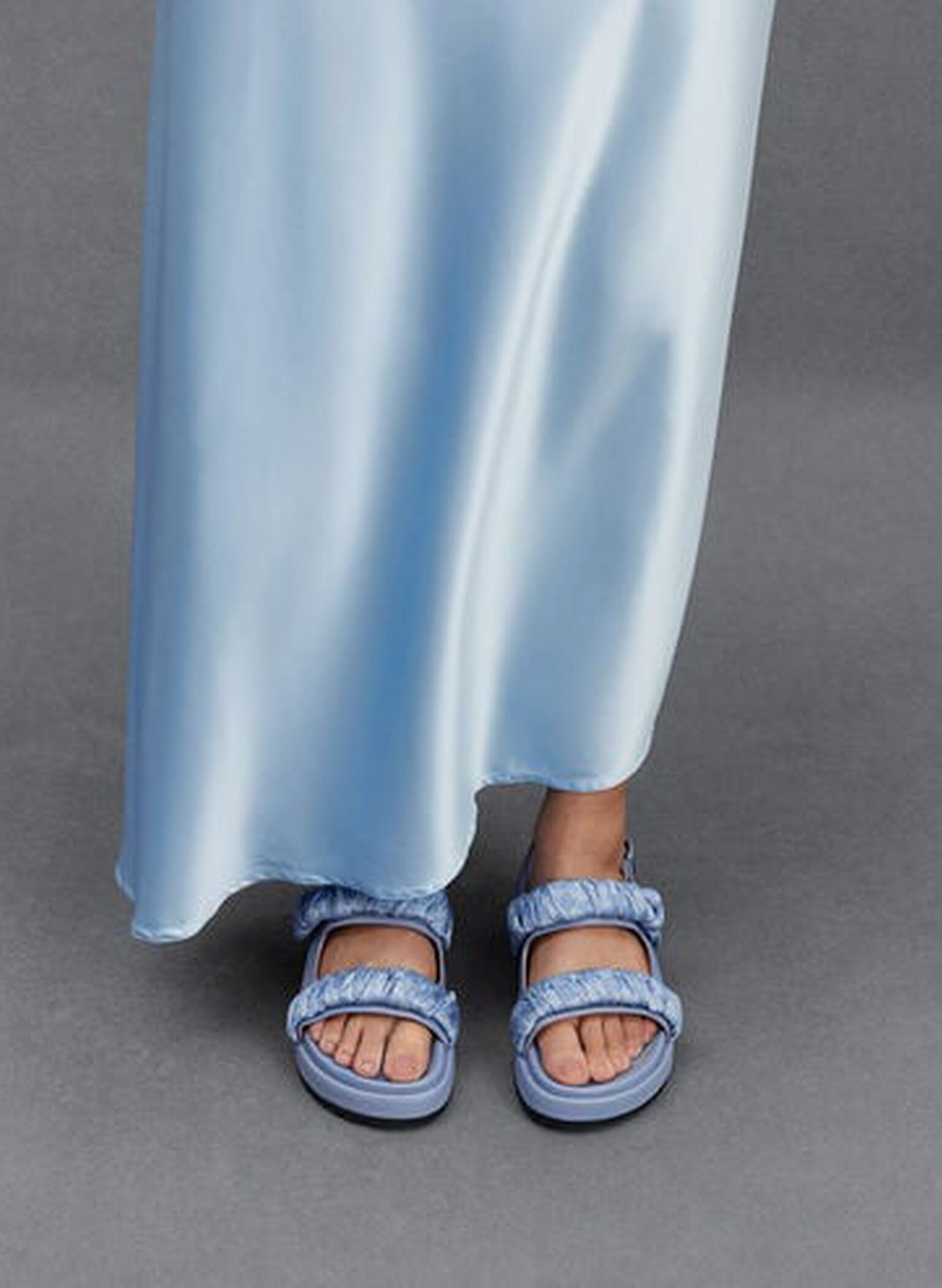 Tully Leather Ruched-Strap Sandals, Light Blue, hi-res