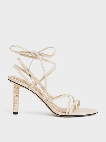 Strappy Woven-Heel Tie-Around Sandals, Beige, hi-res