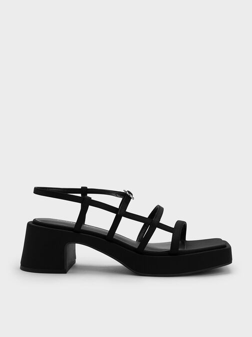 Selene Flower-Buckle Strappy Sandals, Black, hi-res