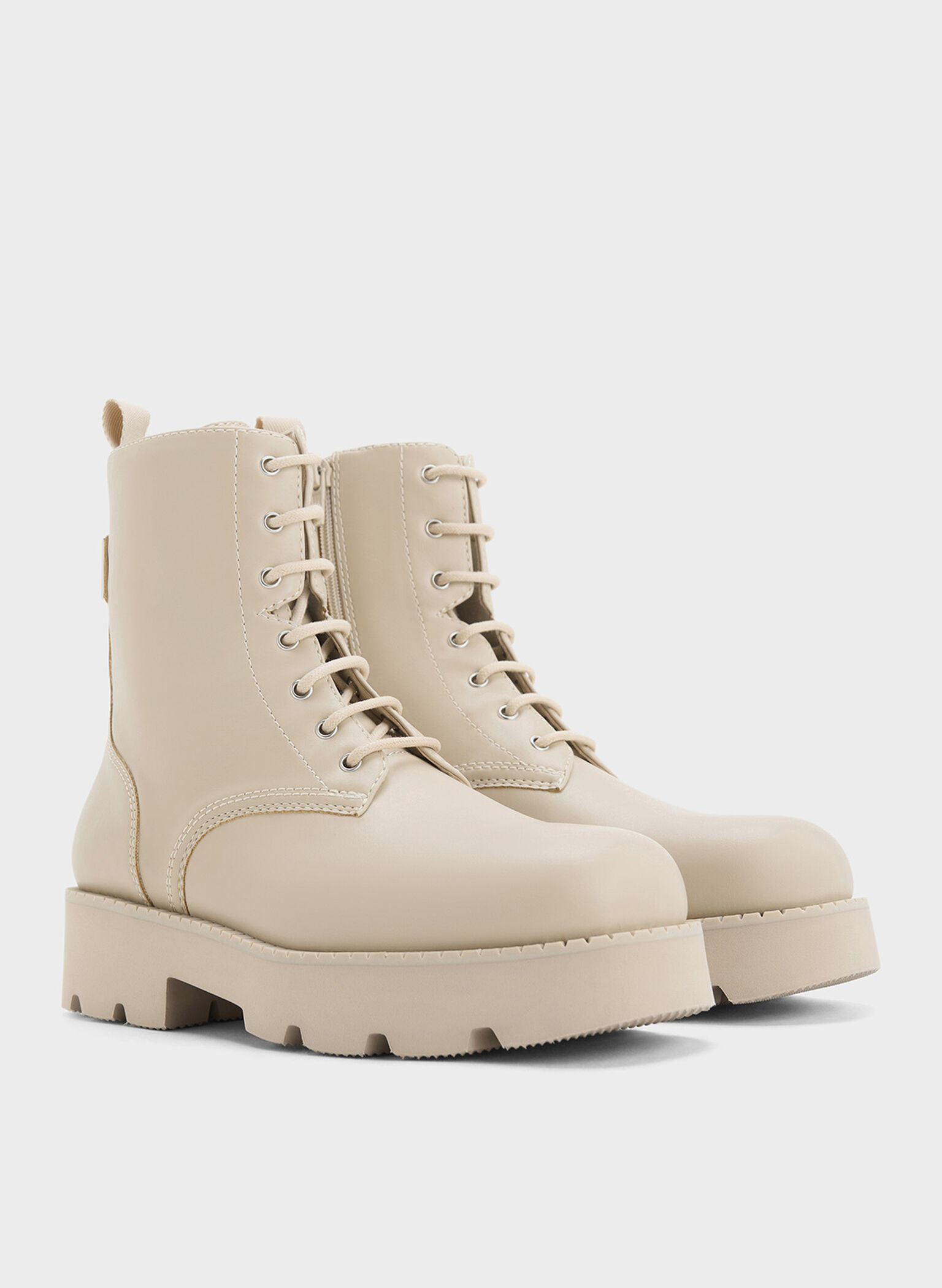 Ridged-Sole Lace-Up Combat Boots, Beige, hi-res