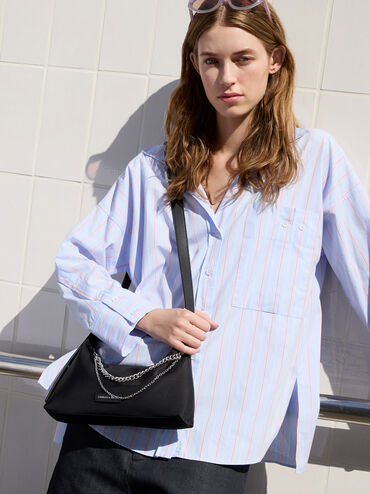 Nylon Chain-Link Trapeze Shoulder Bag, Noir, hi-res