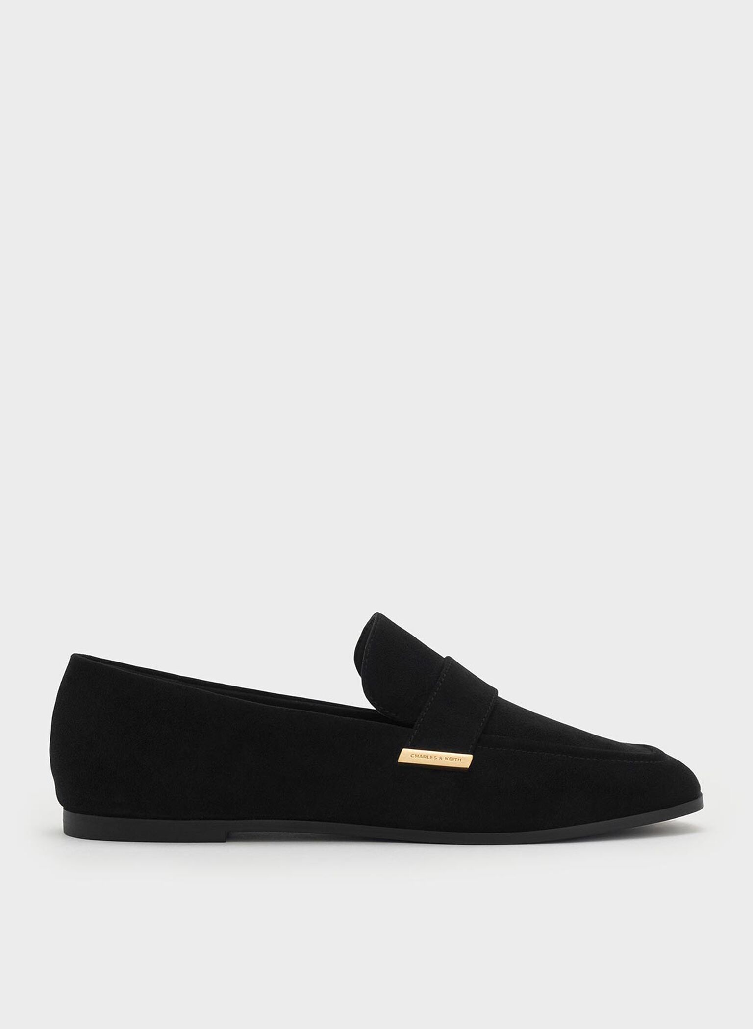 Faux Suede Almond-Toe Flat Loafers, Black Textured, hi-res