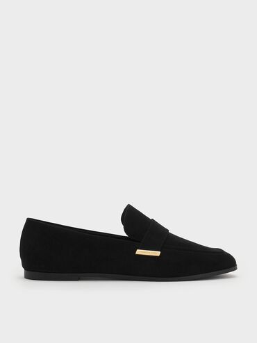 Faux Suede Almond-Toe Flat Loafers, Black Textured, hi-res