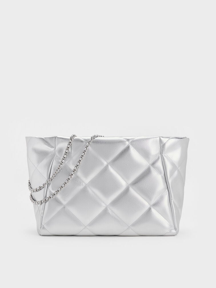 Apfra Metallic Quilted Chain-Handle Tote Bag, Silver, hi-res