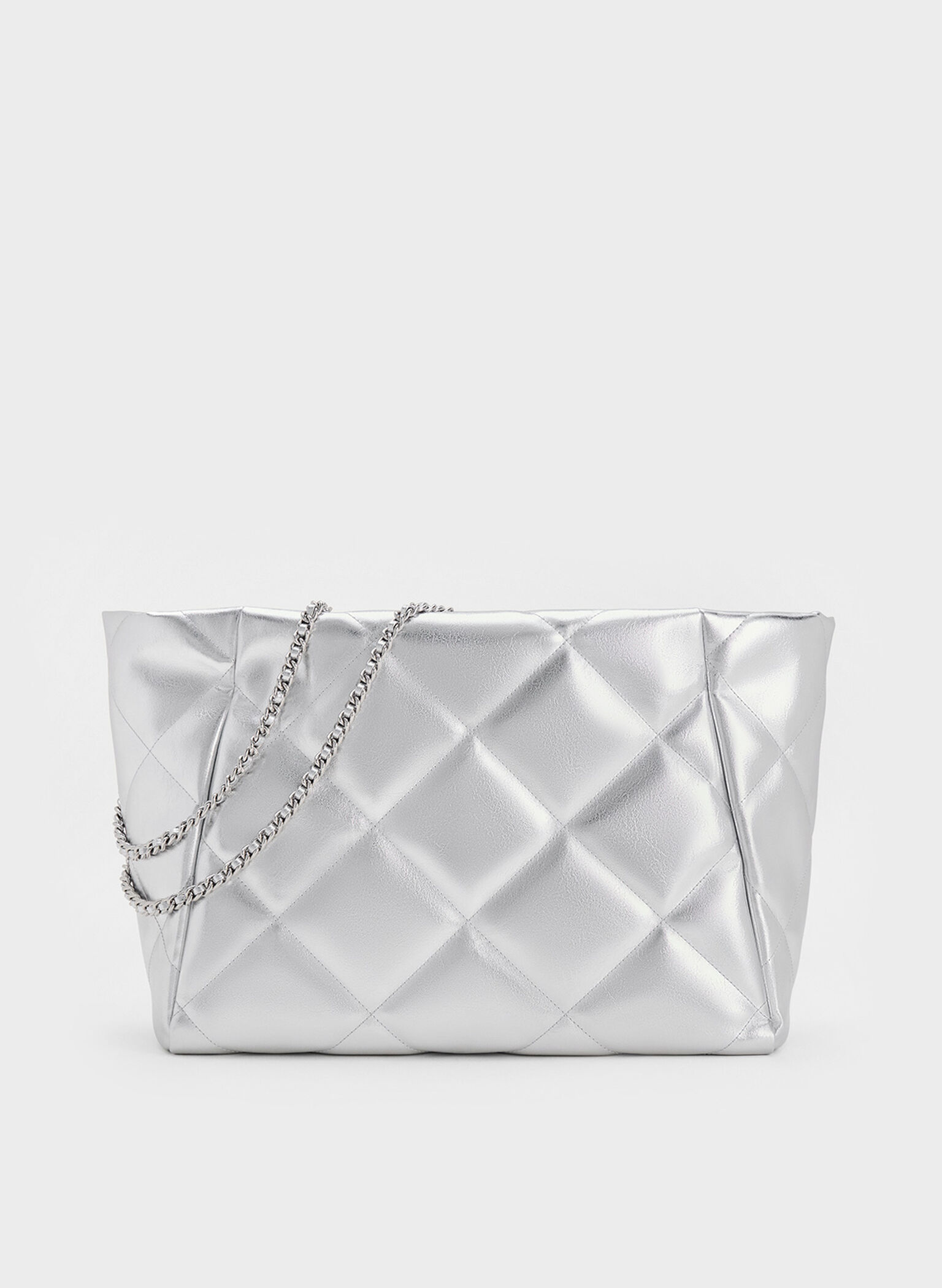 Apfra Metallic Quilted Chain-Handle Tote Bag, Silver, hi-res
