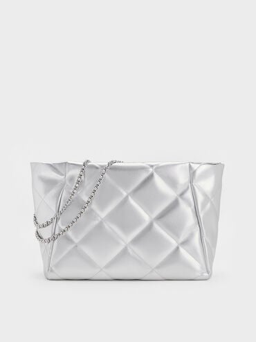 Apfra Metallic Quilted Chain-Handle Tote Bag, Silver, hi-res
