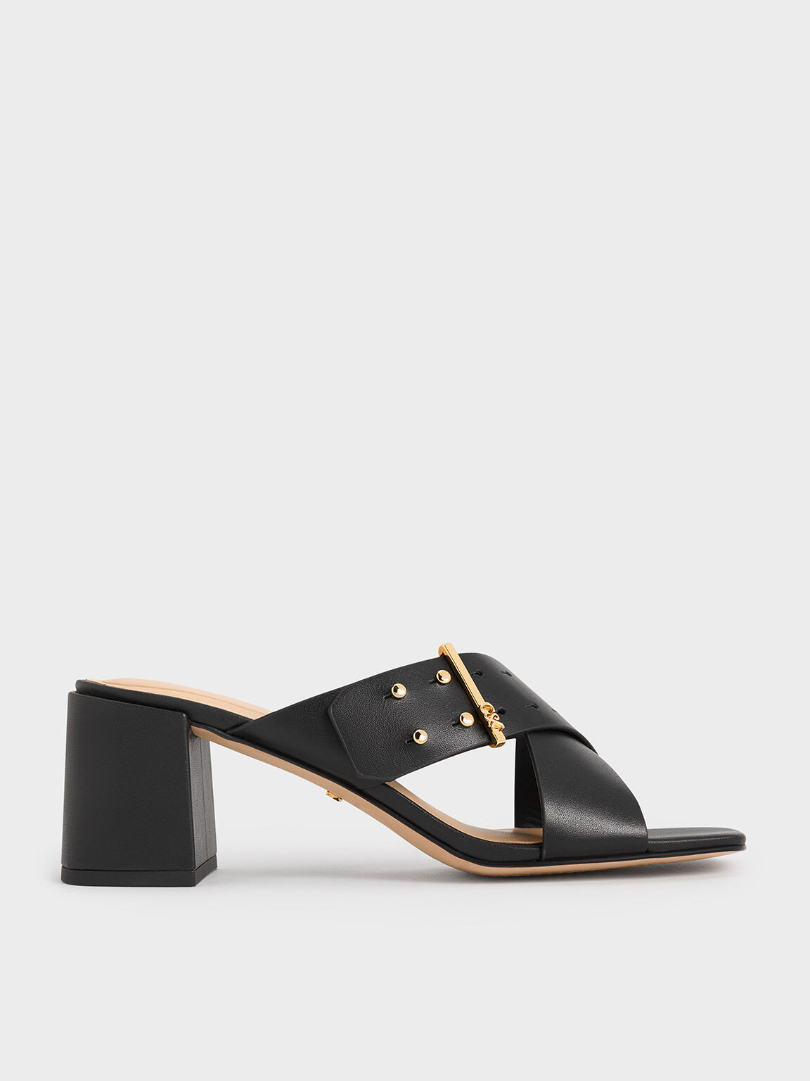 Black Leather Crossover Block Heel Mules CHARLES KEITH UK
