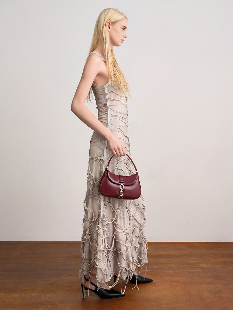 Agatha Chain-Accent Hobo Bag, Burgundy, hi-res