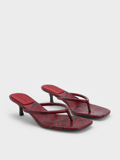 Snake-Print Square-Toe Kitten-Heel Thong Sandals, Animal Print Red, hi-res