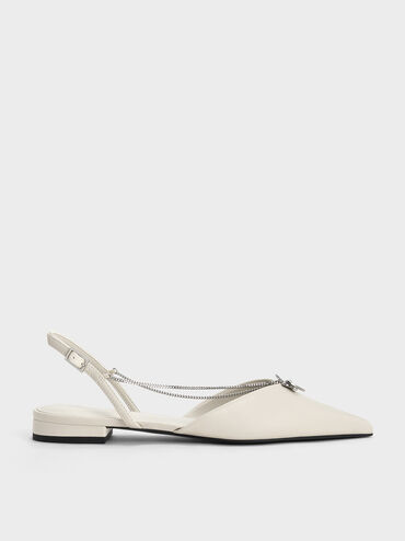 Flower-Accent Chain-Link Slingback Flats, Chalk, hi-res