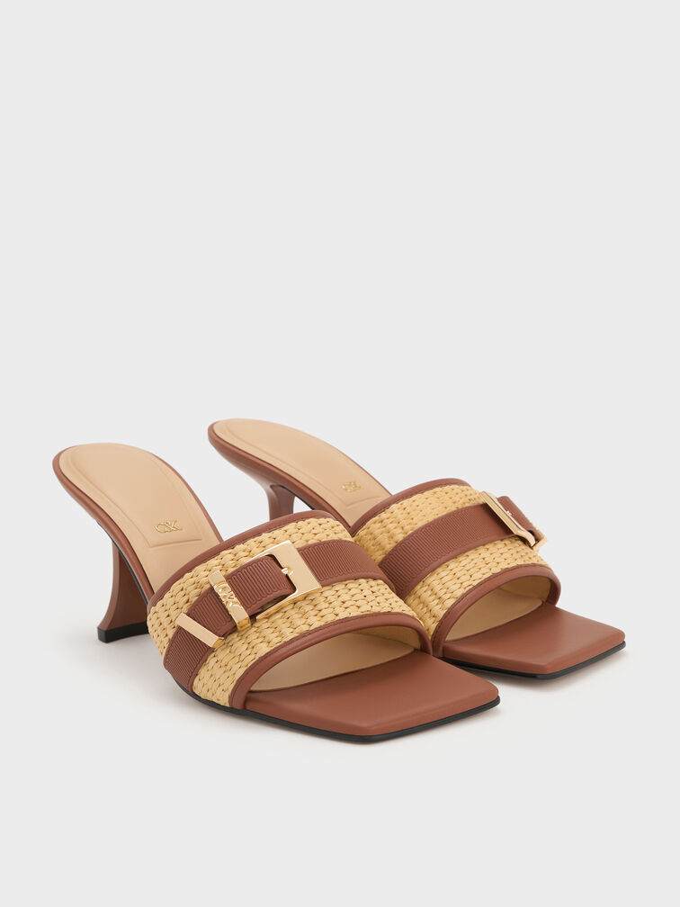 Whitney Leather & Raffia Buckled Heeled Mules, Brown, hi-res