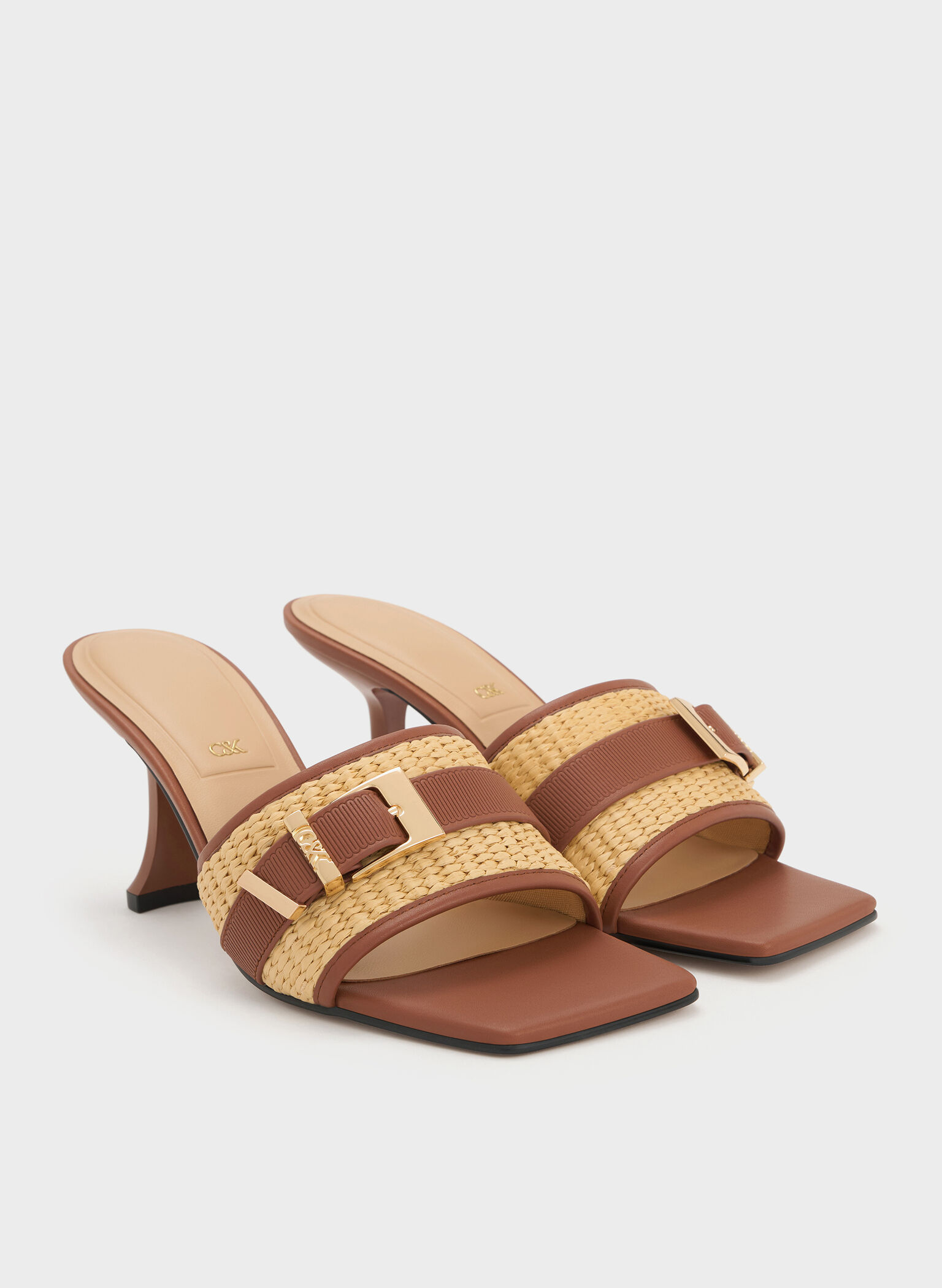 Whitney Leather & Raffia Buckled Heeled Mules, Brown, hi-res