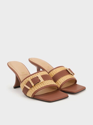 Whitney Leather & Raffia Buckled Heeled Mules, Brown, hi-res