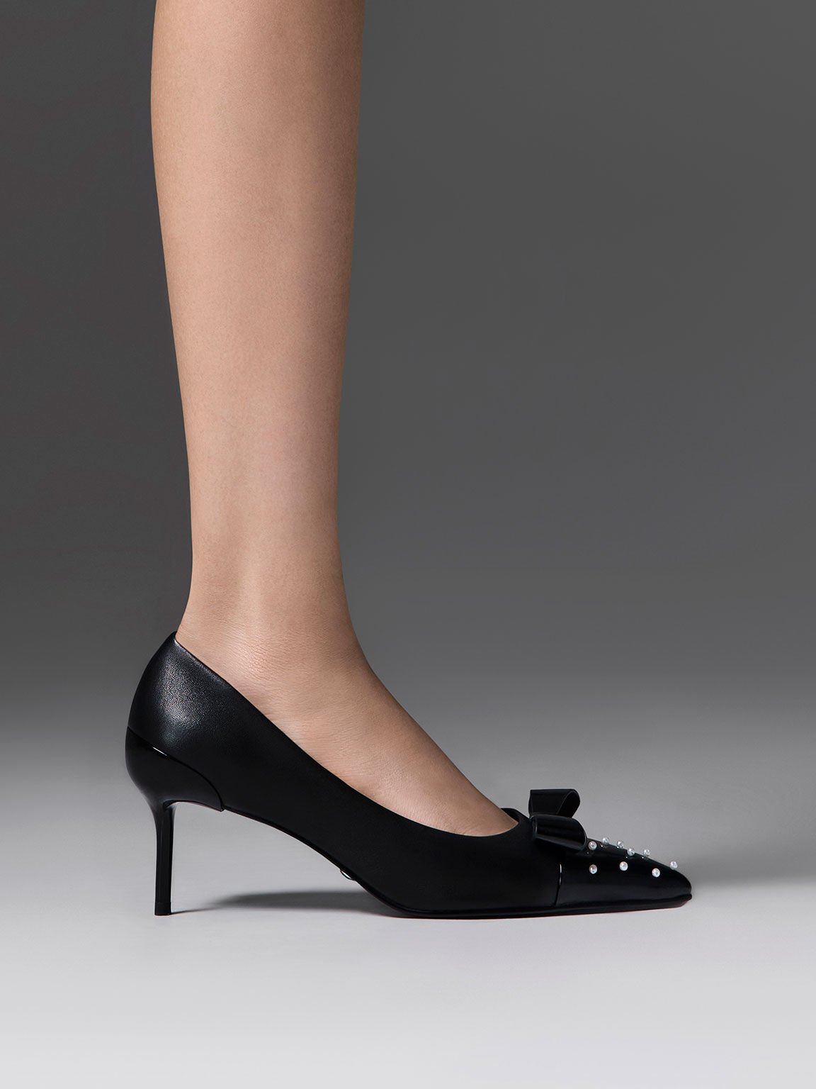 Black Leather Pearl Embellished Pointed Toe Heels CHARLES KEITH UK