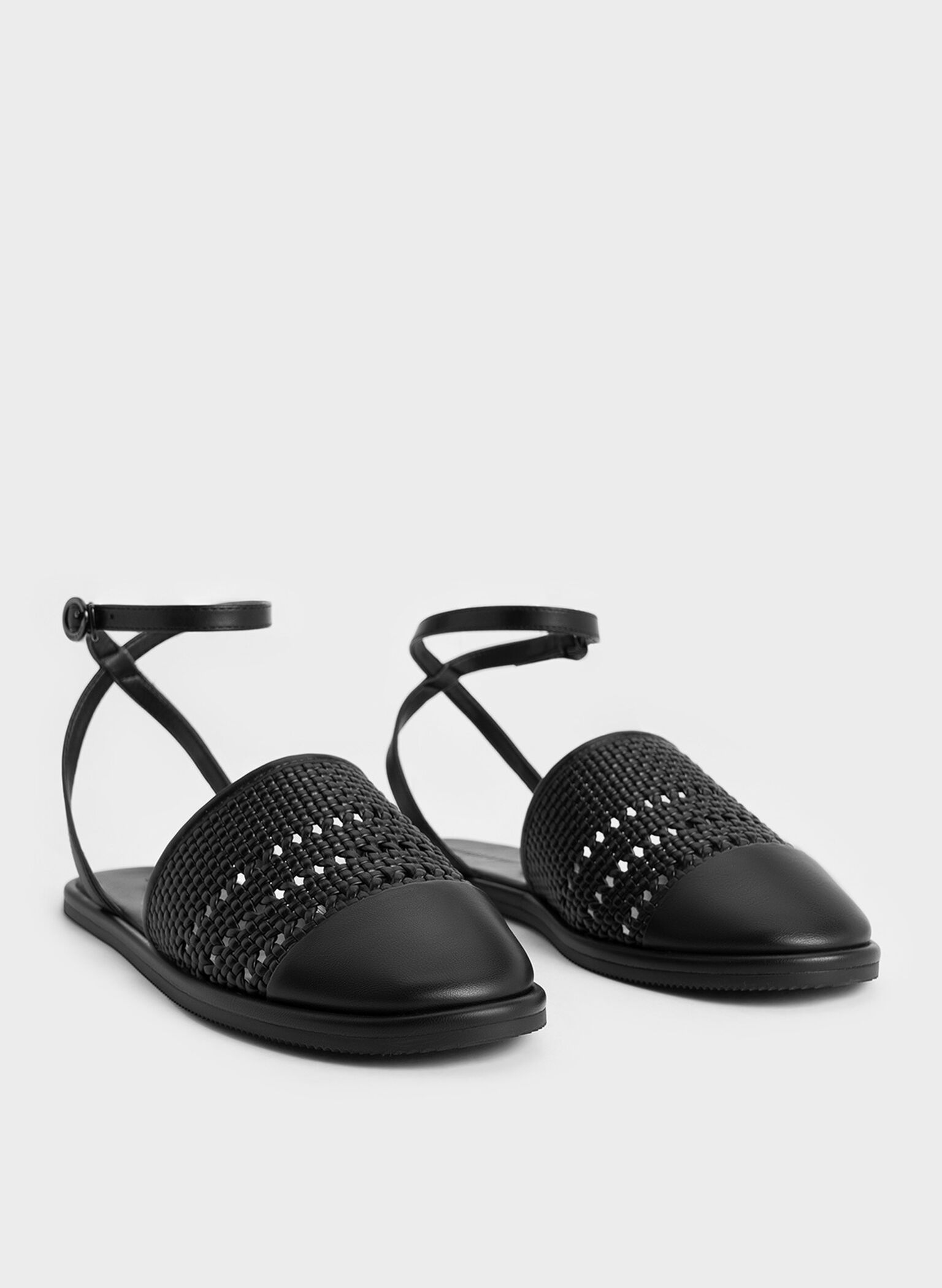Woven Ankle-Strap Flats, Black, hi-res