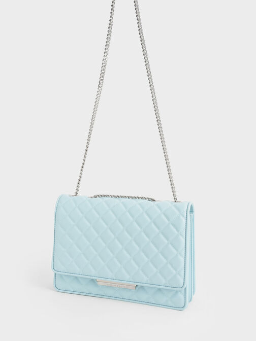 Double Chain Handle Quilted Bag, Light Blue, hi-res