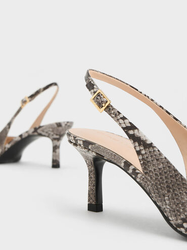 Leslie Snake-Print Metallic-Accent Slingback Pumps, Animal Print Natural, hi-res