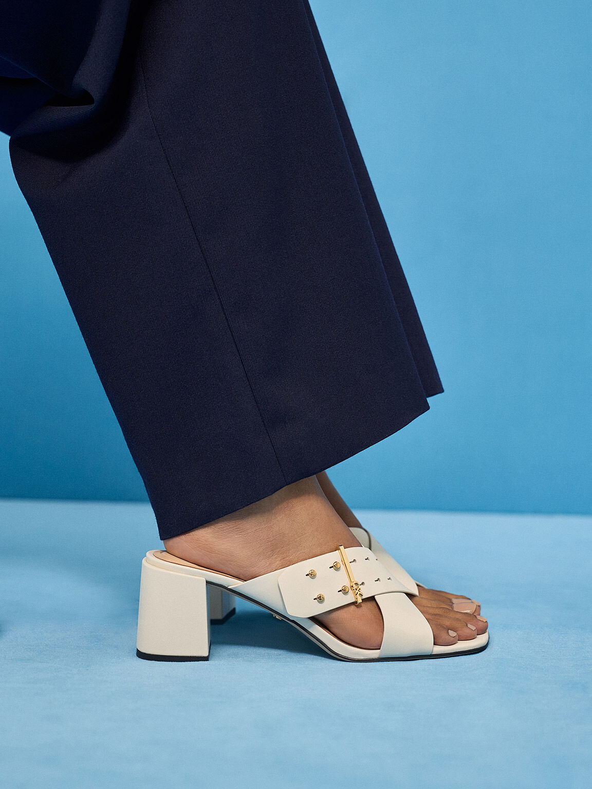 Leather Crossover Block Heel Mules White