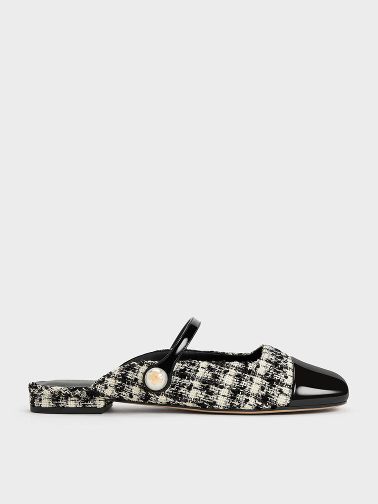 Aeryn Tweed Pearl Embellished Flat Mules, Black Textured, hi-res