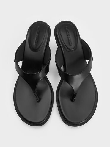 V-Strap Slant-Heel Thong Mules, Black, hi-res