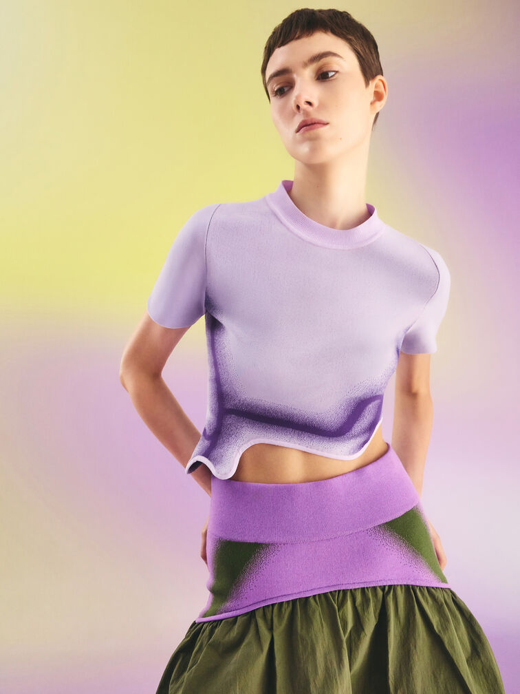 Recycled Polyester Knitted Gradient Wave-Hem Crop Top, Lilac, hi-res