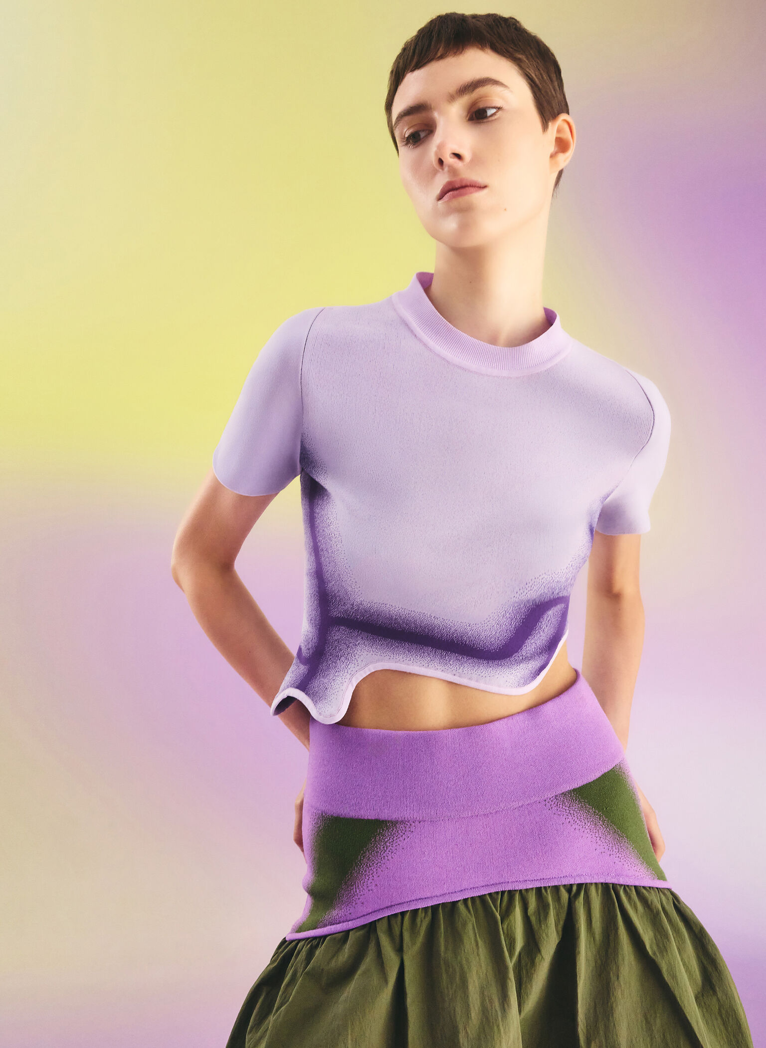 Recycled Polyester Knitted Gradient Wave-Hem Crop Top, Lilac, hi-res