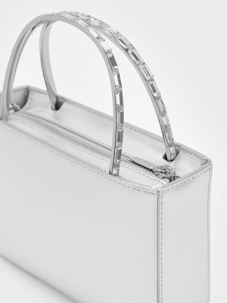 Satin Crystal-Embellished Top Handle Bag, Dusk Silver, hi-res