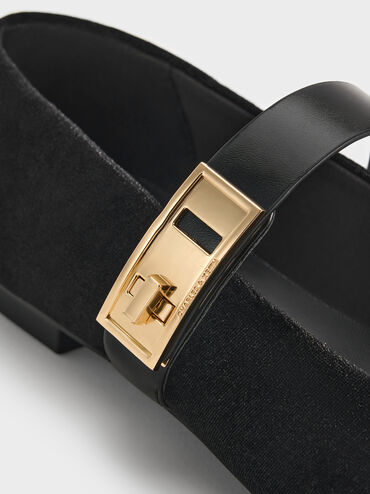 Lando Velvet Metallic-Buckle Mary Jane Flats, Black Textured, hi-res