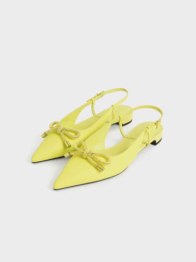 Gem-Embellished Bow-Tie Slingback Flats, Yellow, hi-res