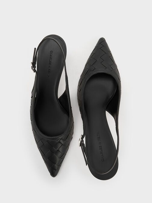 Woven Pointed-Toe Slingback Pumps, Black, hi-res