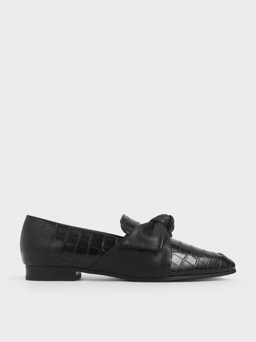 Croc-Effect Leather Bow-Tie Loafers, Black, hi-res