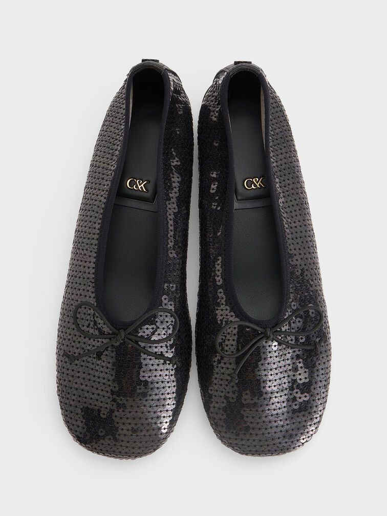 Sequin Mesh & Leather Bow Ballet Flats, Black Textured, hi-res
