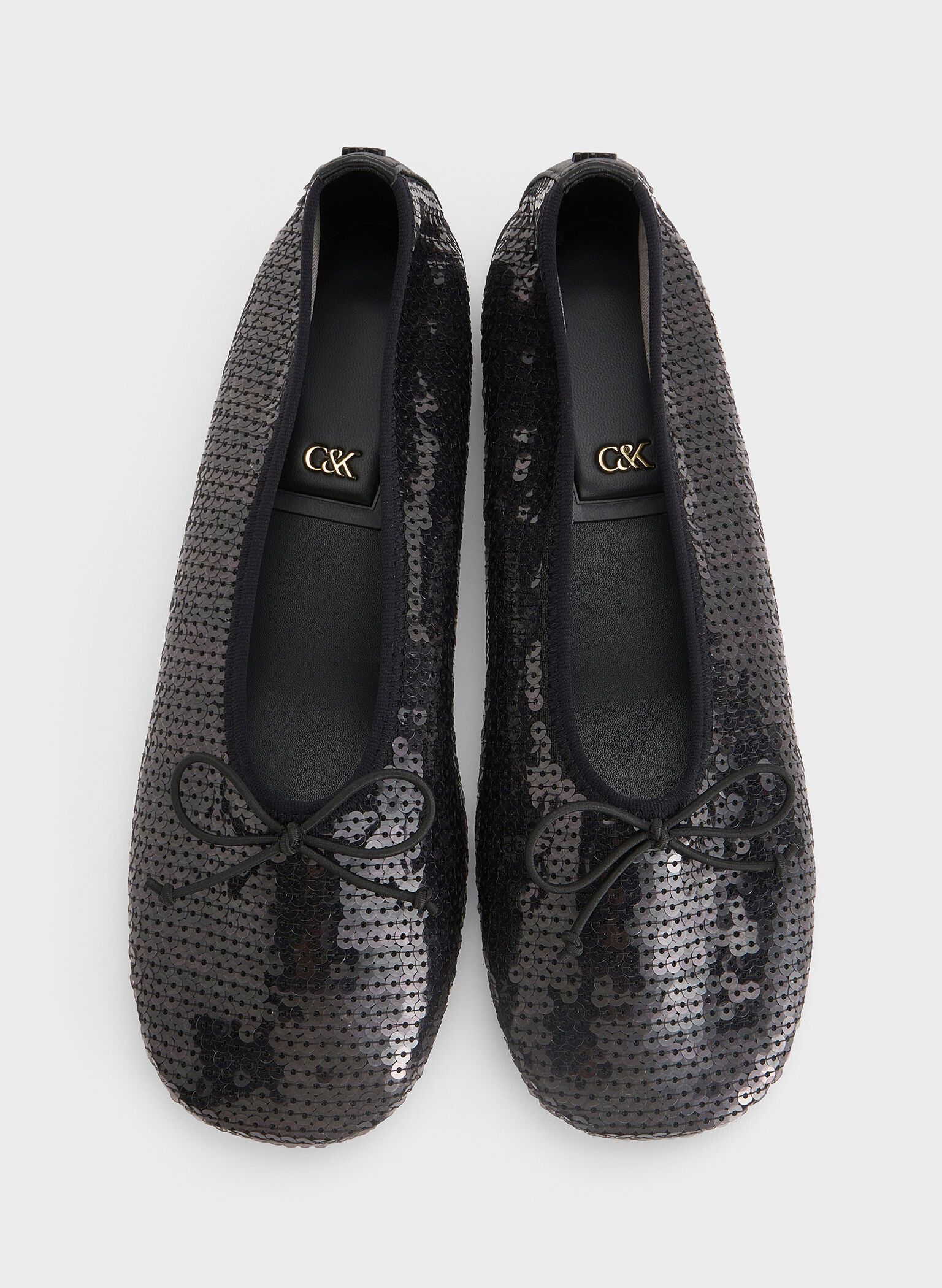 Sequin Mesh & Leather Bow Ballet Flats, Black Textured, hi-res