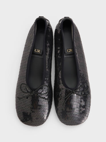 Sequin Mesh & Leather Bow Ballet Flats, Black Textured, hi-res