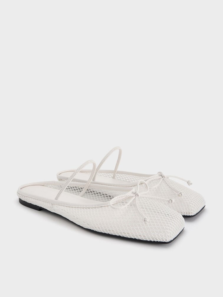Mesh Bow Square-Toe Ballet Mules, White, hi-res