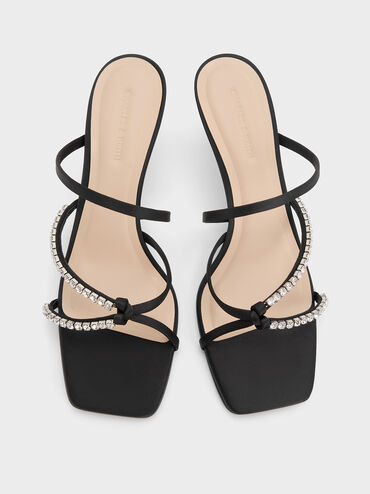 Recycled Polyester Gem-Embellished Strappy Heeled Sandals, Black Textured, hi-res