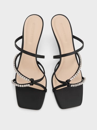 Recycled Polyester Gem-Embellished Strappy Heeled Sandals, Black Textured, hi-res