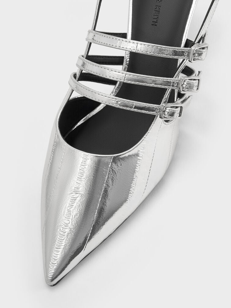 Metallic Triple-Strap Pointed-Toe Kitten-Heel Slingback Pumps, Silver, hi-res