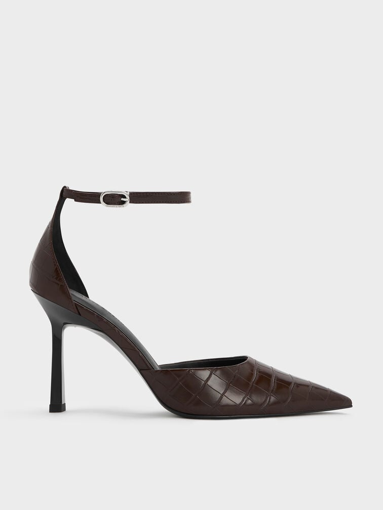 Croc-Effect Pointed-Toe Ankle-Strap D'Orsay Pumps, Animal Print Brown, hi-res