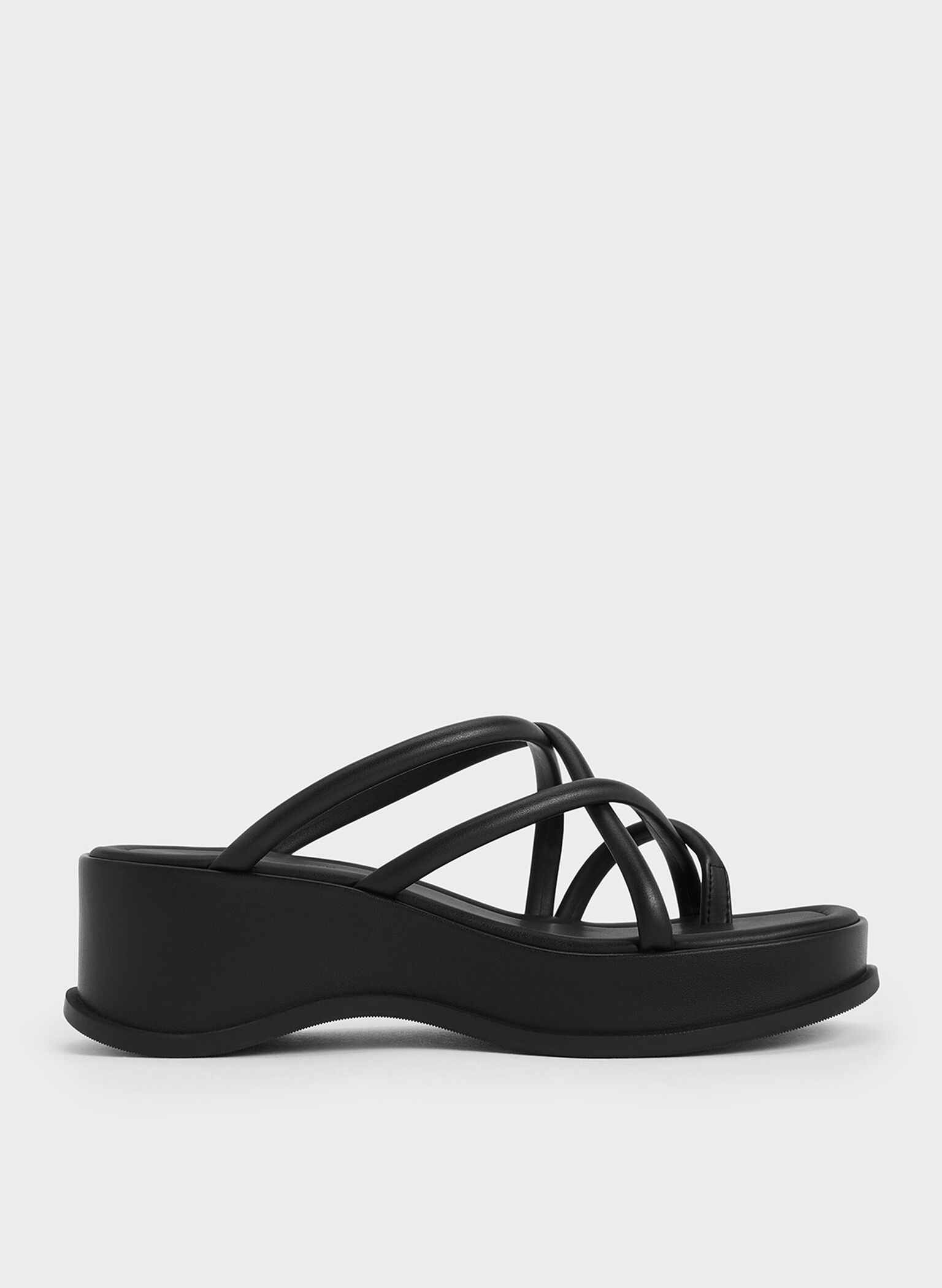 Strappy Tubular Wedge Sandals, Black, hi-res