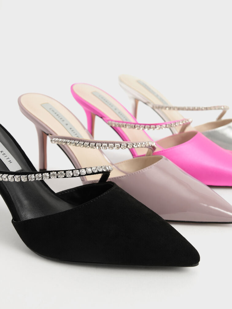 Taupe Gem-Encrusted Patent Mules - CHARLES & KEITH UK