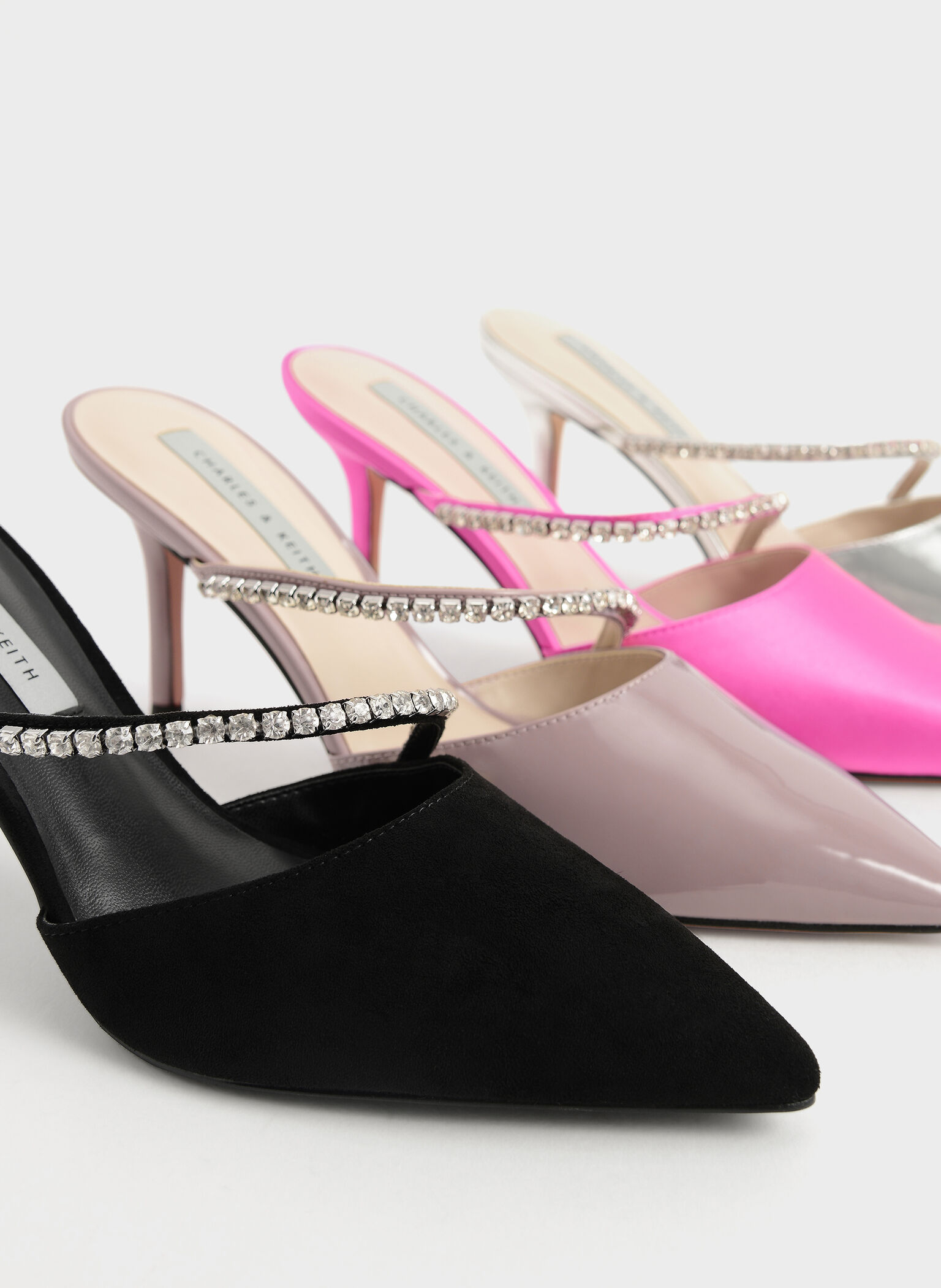 Gem-Encrusted Patent Mules, Taupe, hi-res