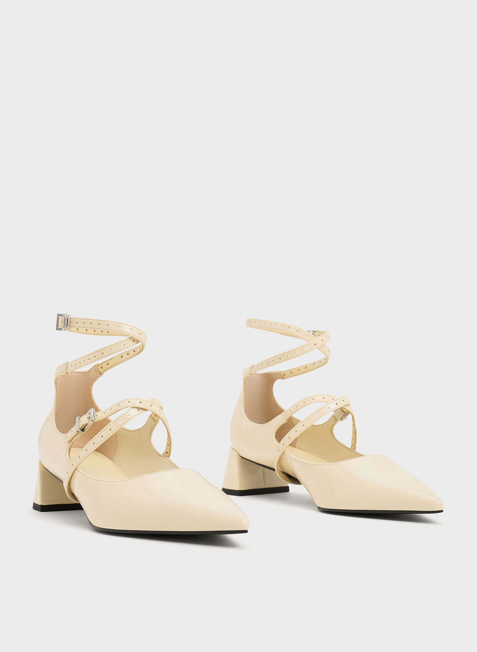 Crinkle-Effect Strappy Buckled Pumps, Beige, hi-res
