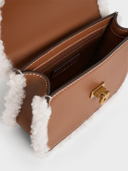 Fur-Trim Metallic Turn-Lock Bag, Camel, hi-res