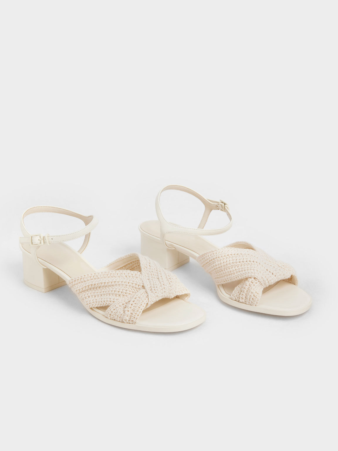 Knitted Block Heel Sandals, Cream, hi-res