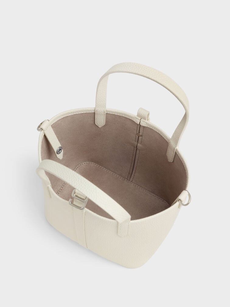 Beryl Recycled Leather Double-Handle Belted Bucket Bag, Cream, hi-res